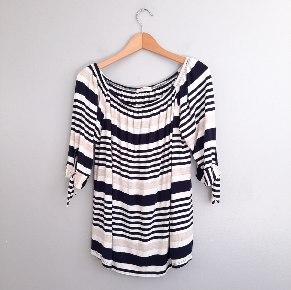 Tua Plus Navy, Cream, & White Striped Scoop Neck